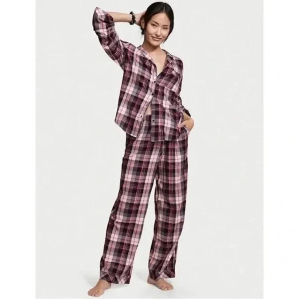Victoria's Secret Pink & Gray Plaid Pajama Set W/Silver Thread-Womens Sz Large